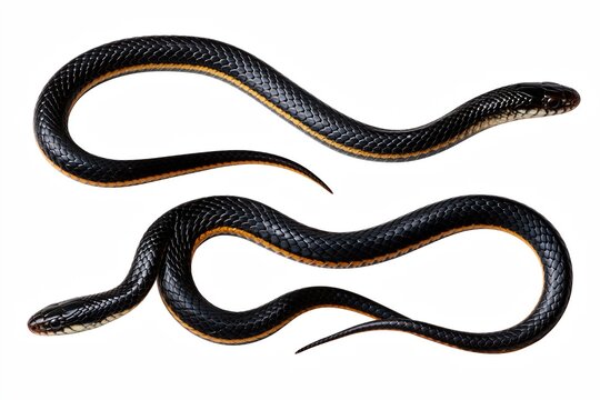 Two black garter snakes coiled on white background