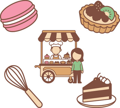 Pastries and Bakery Cart Vector Illustration with Macarons, Cake Slice, and Whisk