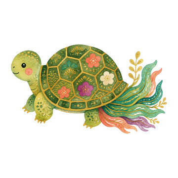 亀 お正月 水彩イラスト 年賀状素材 透過素材