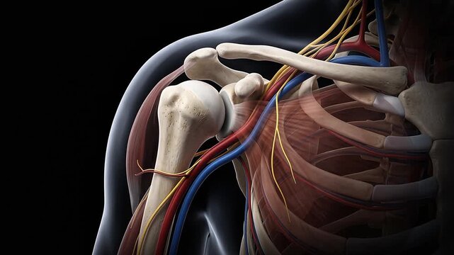 3D animation of human shoulder joint anatomy with muscles blood vessels and nervous system