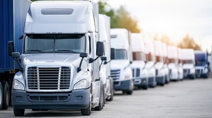 Obraz premium Row of white semi trucks parked in depot