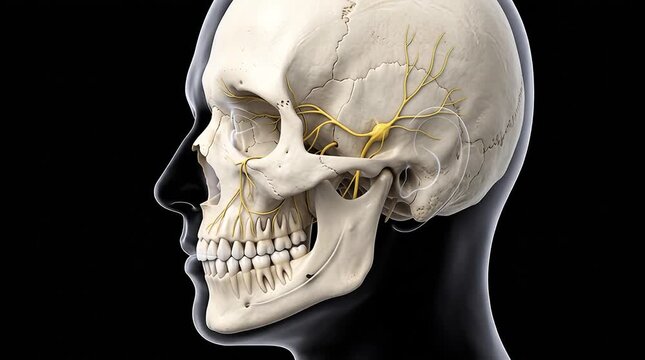3D animation of human skull in profile view highlighting the facial nervous system structure