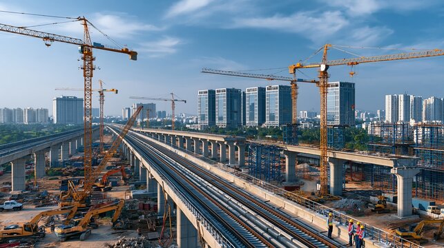 Large yellow cranes lift construction materials on elevated