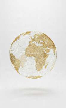 Abstract golden mesh world globe floating in a minimalist space representing global communication connectivity and international cooperation concept