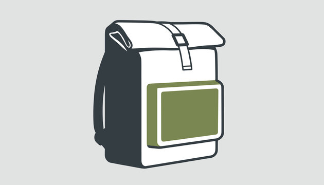Stylized white rolltop backpack illustration with a green front pocket shown against solid grey background.