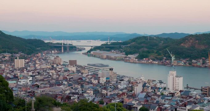 Elevated View of Onomichi Harbor and Coastal City, Hiroshima, Japan