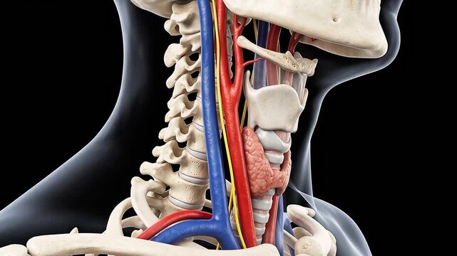 3D animation of human neck anatomy displaying thyroid gland trachea blood vessels and nerves