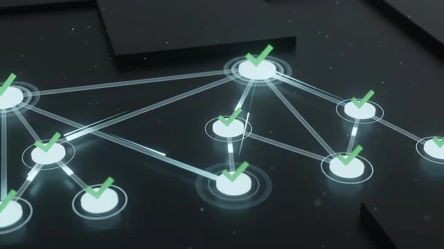 3D render animation of network nodes with approval marks. Visuals representing corporate workflow and digital consensus. Concepts for business presentations in futuristic glowing style.