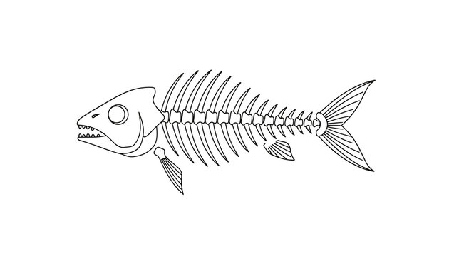 Detailed line art drawing of a complete fish skeleton showing bones, head, fins, and tail on a white background.