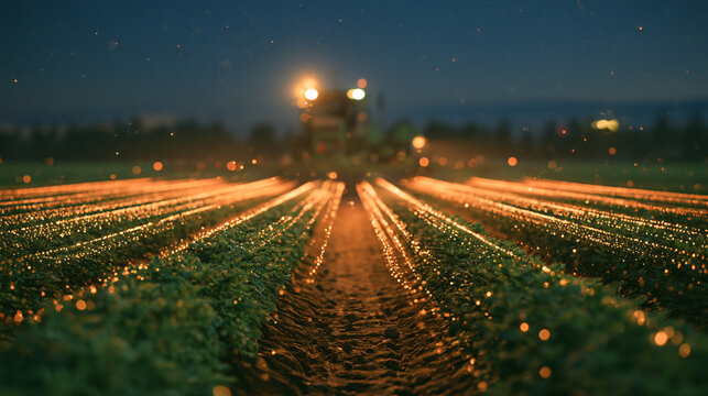 Precision Agriculture Machine Working in Field at Night Digital Mapping View