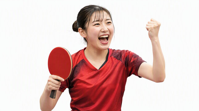 ポイントを取ってガッツポーズして喜ぶ日本人の卓球選手　白背景