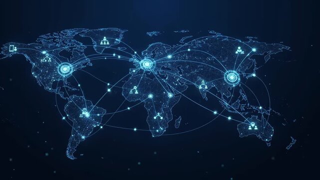 3D render animation of a world map with user connection nodes. Visuals representing global teamwork and social networking. Concepts for corporate marketing in futuristic digital style.