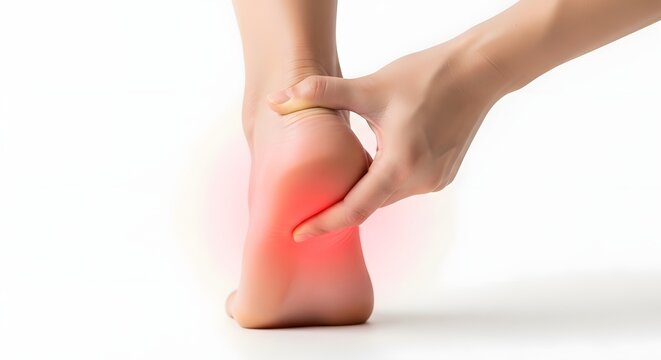 Plantar Fasciitis Heel and Arch Pain Visualization with Hand Supporting the Foot in a Minimal Medical Scene