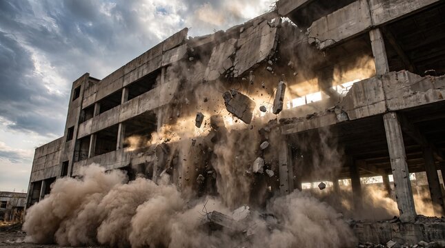Destructive Visualization, Dramatic Building Collapse with Dust and Debris