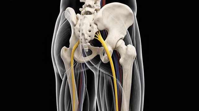 3D animation of human pelvis and leg anatomy featuring the sciatic nerve and surrounding muscles