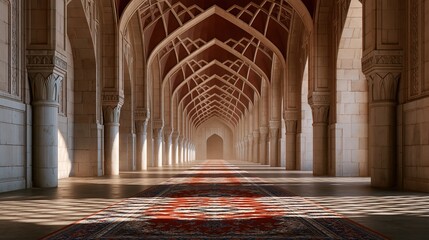 Naklejka premium Sunlit mosque corridor with red carpet and stone