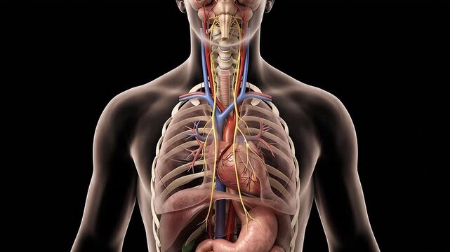3D animation of human torso showing heart major blood vessels and nervous system within the rib cage
