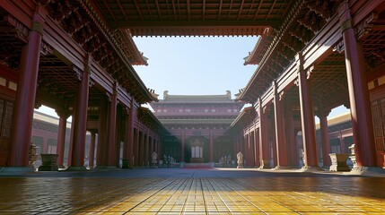 Naklejka premium Grand traditional palace courtyard with red pillars