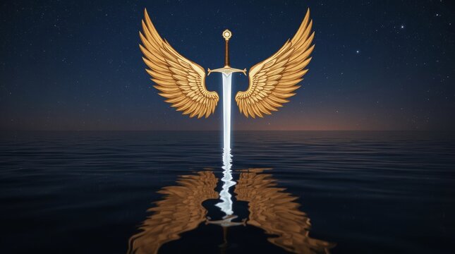 Floating glowing silver sword with golden wings over dark water reflection under starry sky