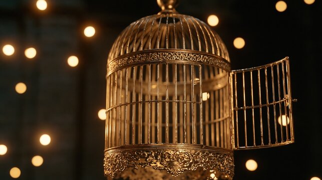 Open golden birdcage with bokeh lights