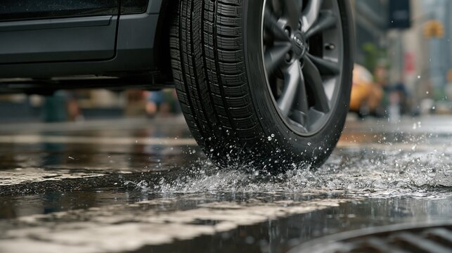 car wheel splashing through wet city street puddle