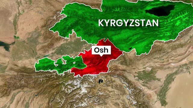 Kyrgyzstan map with highlighted Osh region in southern animation footage