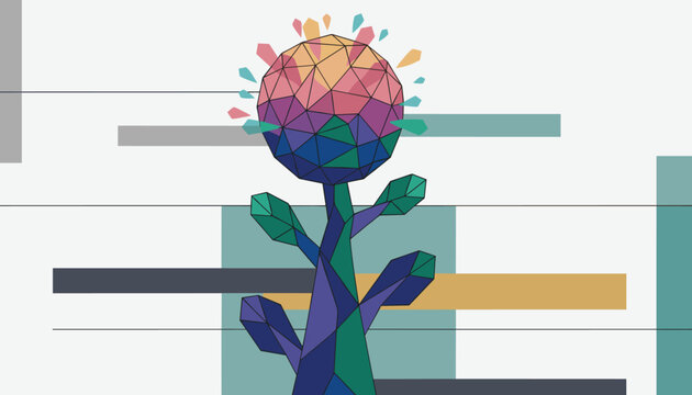 Abstract futuristic design featuring a geometric low-poly flower blooming over colorful graphic bars on white.