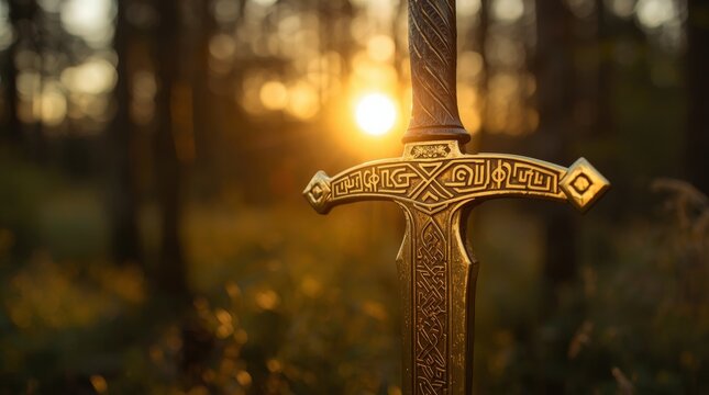 Close up of intricate ancient sword with runic designs bathed in golden sunset light
