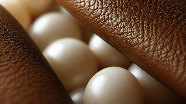 Close up of smooth white pearls tucked inside a rich brown leather fold