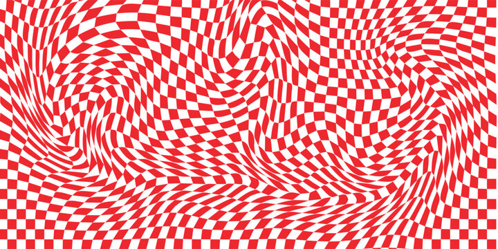 Abstract red and white distorted checkered optical art pattern background