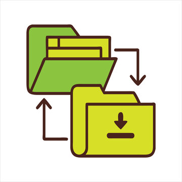File transfer icon depicts data synchronization with upload and download arrows on green folders