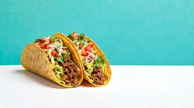 Two appetizing soft-shell tacos, generously filled with seasoned meat and fresh vegetables.