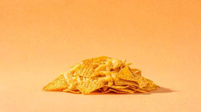Delicious pile of crunchy tortilla chips with melted cheese sauce on a vibrant orange background, perfect for snack ads