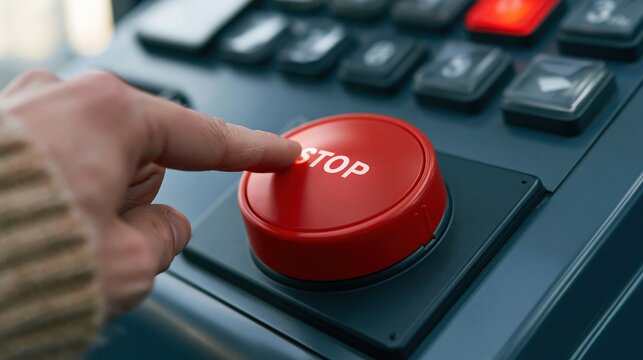 Hand pressing red stop button on control panel