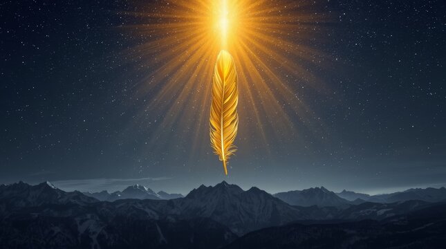 Luminous golden feather radiating celestial light against night sky with mountain range background