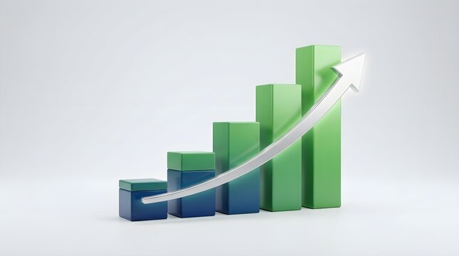 3D business growth bar chart with upward arrow showing financial progress and success