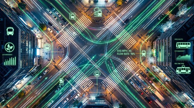 Dynamic overhead perspective of a bustling metropolis at night, showcasing advanced smart city technology and efficient traffic management with data visualization