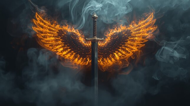 Mystical flame wings sword surrounded by ethereal smoke against dark cosmic background
