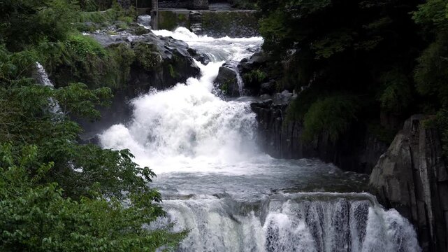 Powerful Tahara Falls and Katsura River in Tsuru, Yamanashi, Japan