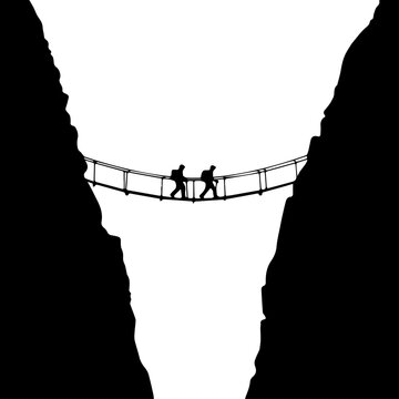 Black and white silhouette illustration of two hikers crossing a suspension bridge over a deep mountain canyon chasm