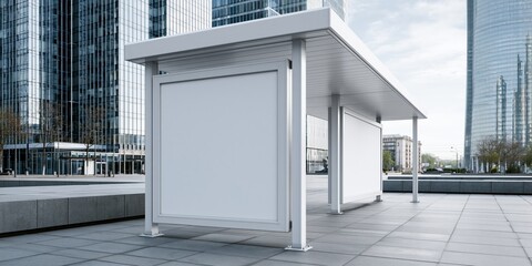Naklejka premium Modern white billboard structure in urban plaza