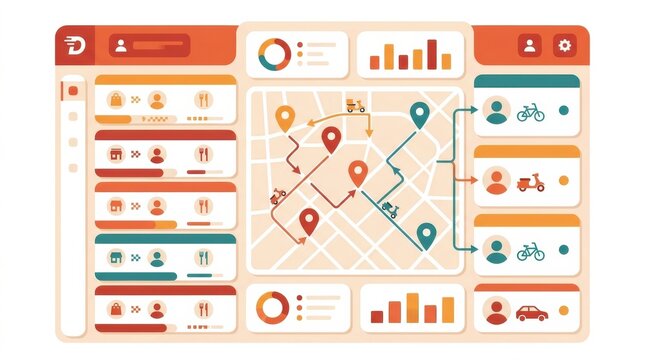 The visual shows a food delivery app interface with restaurant orders and delivery routes on a map. Various options are presented for couriers.