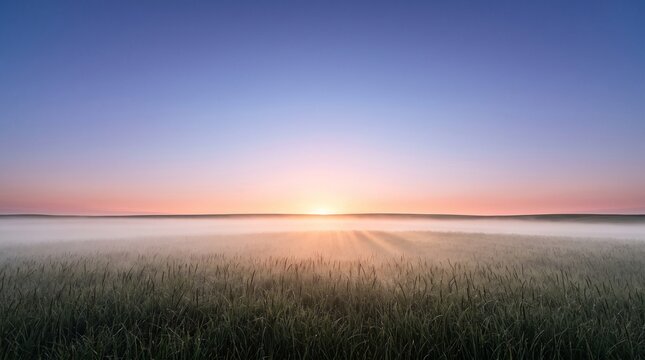 Low fog rolling across green grass field at sunrise with pink sky, moody atmospheric wide landscape no people