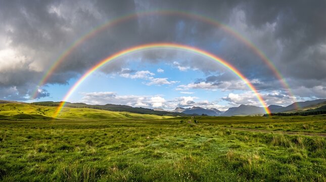 Full double rainbow arching over lush green grass field after rain storm, vivid nature landscape no people