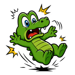 Fototapeta premium Funny Green Crocodile Character Slipping and Falling in a Surprised Dynamic Pose