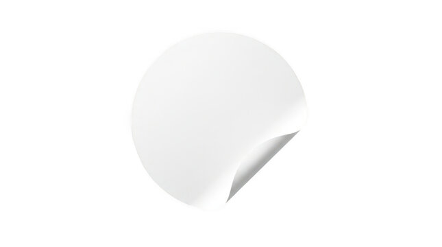 Blank white circular adhesive sticker with curled corner isolated on transparent background