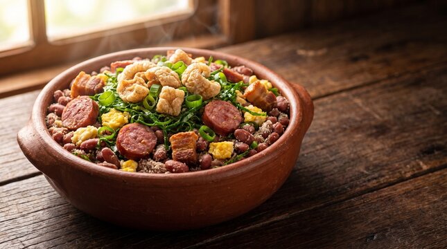Traditional Brazilian Feij&atilde;o Tropeiro with beans, sausage, pork cracklings, eggs and collard greens in clay pot, authentic Minas Gerais cuisine