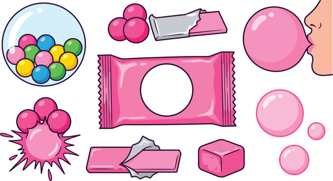 Bubble Gum Vector Set with Colorful Gumballs, Pink Packaging Mockup, Blowing Bubble, Foil Wrapped Sticks, and Sweet Candy Splashes for Confectionery Designs