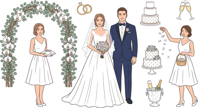 Wedding Ceremony Elements Vector Set Featuring Bride, Groom, Bridesmaids, Floral Arch, Cake, Champagne, and Decorative Marriage Celebration Icons