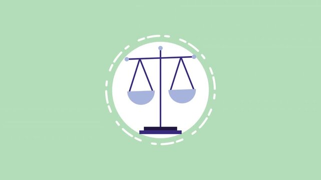 Justice balance scale animation on light green background with dashed circle motion graphics.